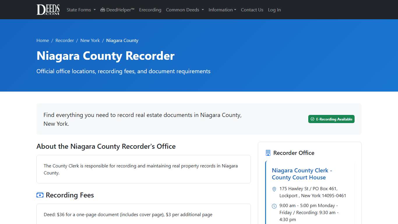 Niagara County Recorder Information, New York - Deeds.com